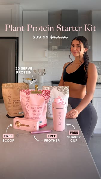 The ad features the Truvani Plant Protein Starter Kit, highlighting the included protein powder, shaker cup, and accesso