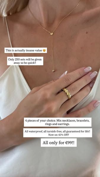 This ad showcases a jewelry set consisting of necklaces, bracelets, rings, and earrings. It emphasizes the value of the 