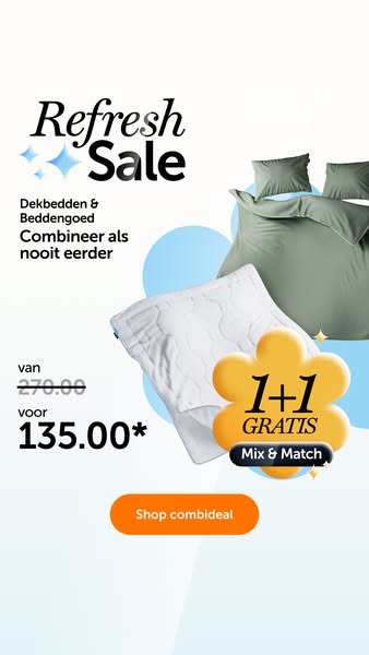 This ad is for Dekbedden & Beddengoed (Duverts & Bedding). It promotes a refresh sale with a shop combideal CTA.