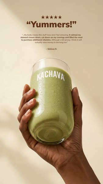 This image ad features a hand holding a glass filled with a green smoothie, highlighting a customer testimonial to promo