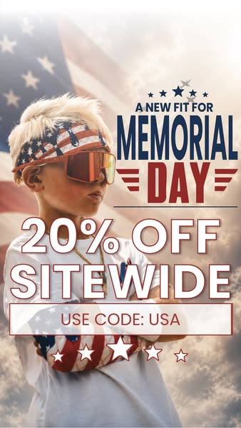 This ad uses a patriotic theme to promote a site-wide sale for Memorial Day. The ad features a young person wearing Amer