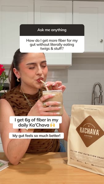 This ad features a woman in her kitchen drinking a Ka'Chava nutrition shake. She claims that she gets 6g of fiber in