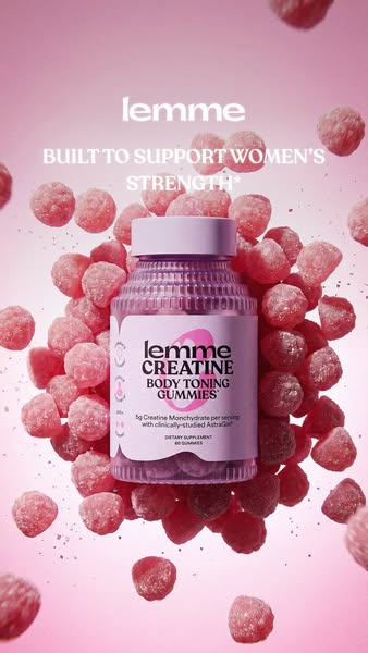 This ad promotes Lemme Creatine Body Toning Gummies. The image features a bottle of the gummies surrounded by loose gumm