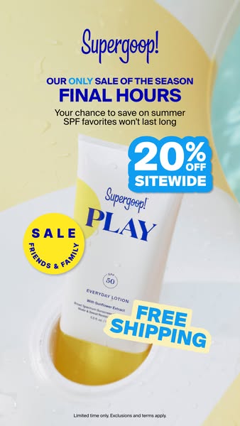 This ad by Supergoop! promotes their sunscreen lotion, Play, during their only sale of the season. The ad highlights the