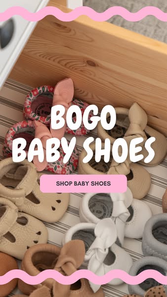 This image ad features multiple pairs of baby shoes in different colors and styles, positioned inside of a dresser drawe