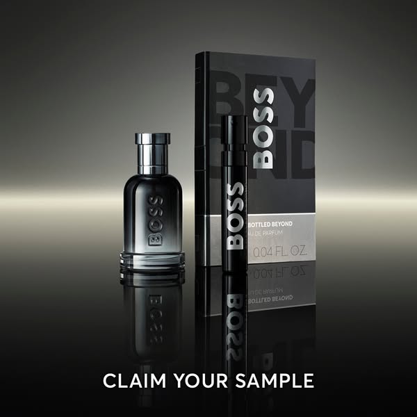 This ad features a product shot of Boss Bottled Beyond Eau de Parfum, with the text “Claim Your Sample” shown at the bot