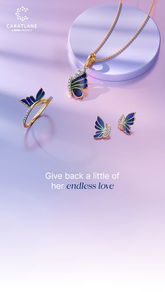 This ad promotes CaratLane jewelry, specifically a butterfly pendant necklace, ring, and earrings. The ad features the t
