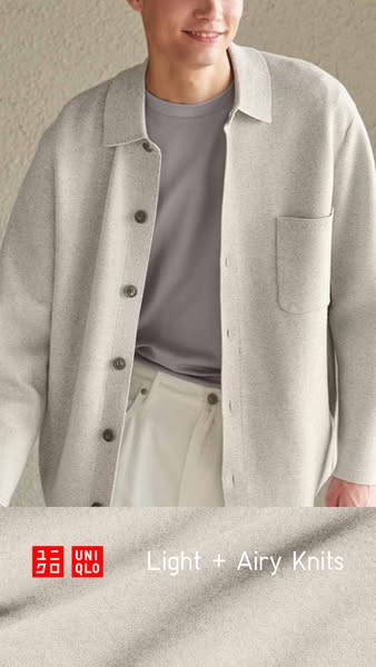 This image ad showcases a man wearing a light-colored knit shirt-jacket from Uniqlo. The ad emphasizes the item's li