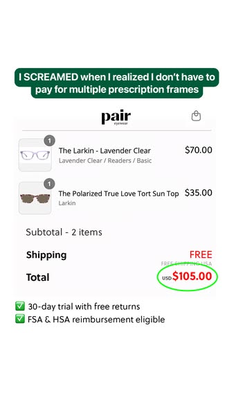 This ad utilizes a screenshot of a Pair Eyewear shopping cart to highlight the brand's value proposition: stylish pr