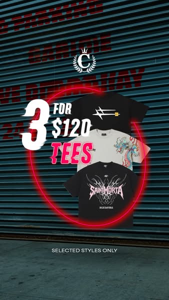 Image ad showcasing three t-shirts from the brand, highlighting a sale.
