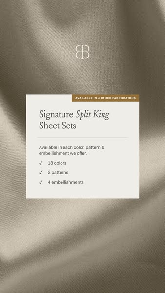 This image ad displays the features of the brand's split king sheet set.