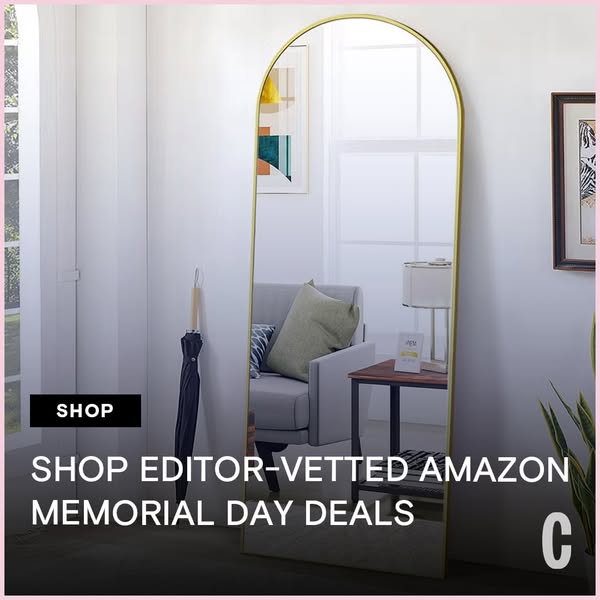 This image ad advertises editor-vetted Amazon Memorial Day deals. The ad features a full-length arched mirror with a gol