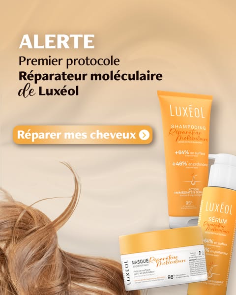 This ad promotes Luxéol molecular repair protocol. The image features the brand's shampoo, serum, and mask, highligh