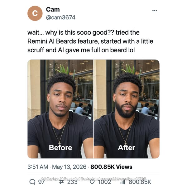 This ad features a screenshot of a social media post from a user named Cam who is showcasing the Remini AI Beards featur