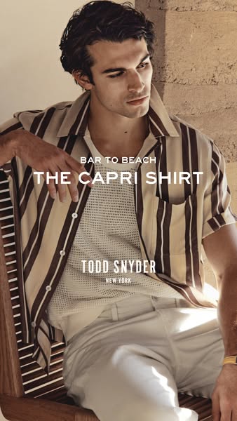 An image ad for the Todd Snyder Capri shirt, suitable for bar to beach wear.