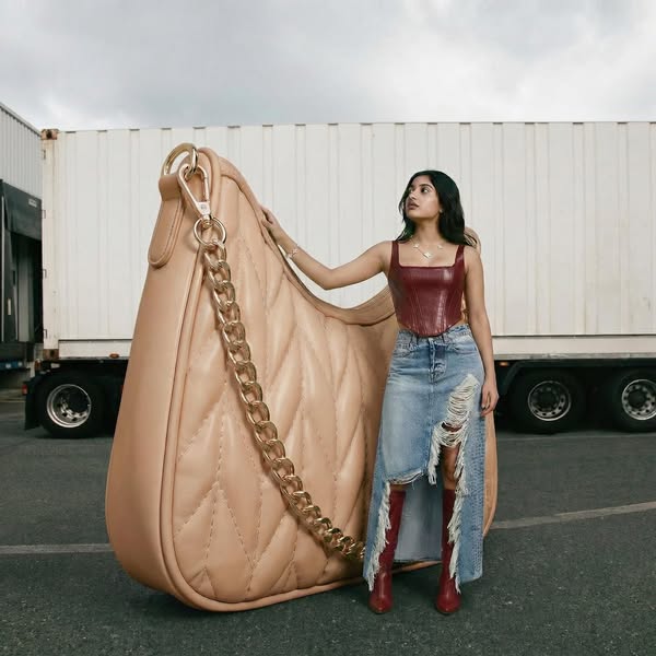 This image ad features a woman standing next to a large purse. It showcases the product and its style.