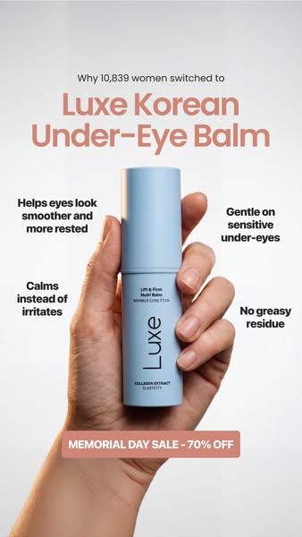 This ad promotes Luxe Korean Under-Eye Balm, highlighting its benefits such as reducing eye puffiness and irritation. It