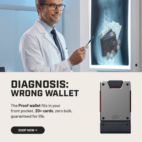 This ad features a man in a doctor's coat pointing at an x-ray image. The x-ray shows a person's lower torso wit