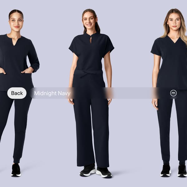 This ad showcases work apparel in the color Midnight Navy on three models.