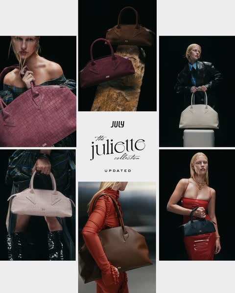 This ad features a grid of images with people and handbag products from the brand, July. The central text promotes the &