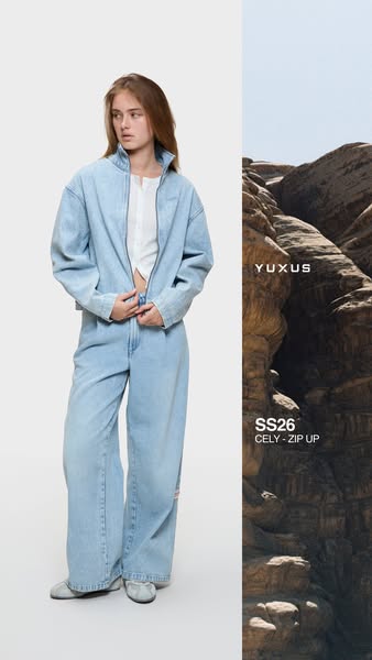 A split screen product display ad promoting the YUXUS brand with a woman wearing light-wash denim pants and a zip-up jac