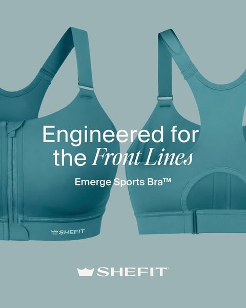 This image ad showcases the SHEFIT Emerge Sports Bra. The ad copy highlights the product's engineering for frontline