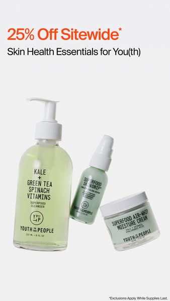 This ad promotes Youth To The People skincare products with a 25% off sitewide sale. The image features three key produc
