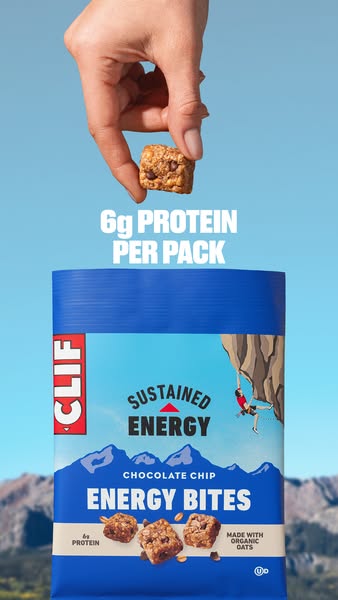 An image ad for Clif Bar's Chocolate Chip Energy Bites, highlighting that each pack contains 6g of protein.