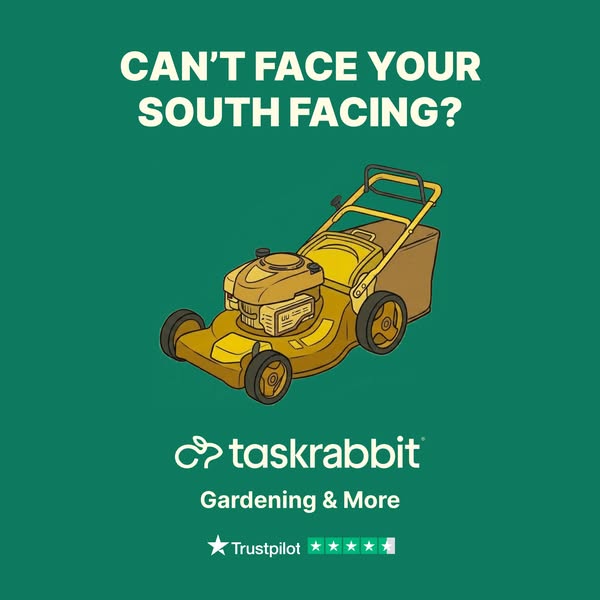 This ad shows a yellow lawnmower illustration and asks the question, "Can't face your south facing?" It th