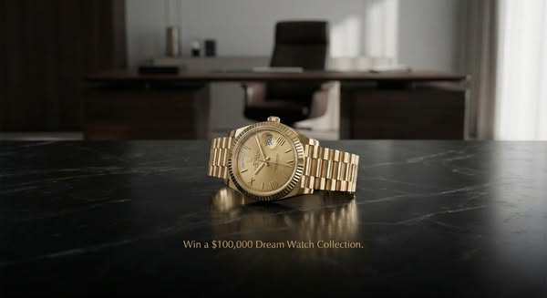 Image ad promoting a sweepstakes where one person will win a collection of luxury watches. The image features a gold wat