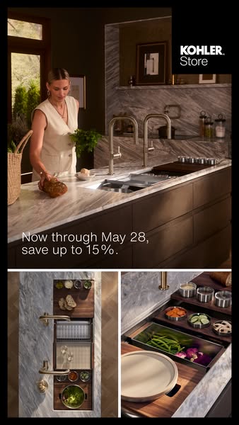 This image ad for Kohler promotes a sale on their products, highlighting the features of their smart kitchen sink.