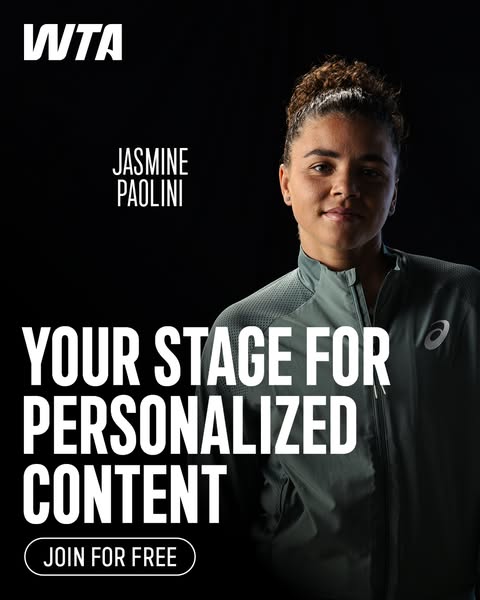 This ad features a well-lit image of tennis player Jasmine Paolini on a black background to promote WTA, World Tennis As