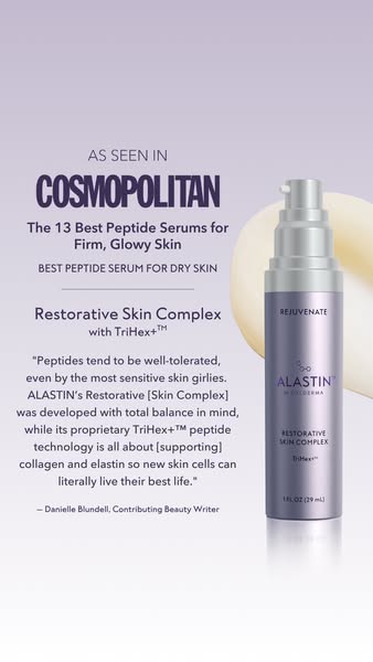 This image ad features Alastin's Restorative Skin Complex and uses a quote from Cosmopolitan to build credibility.