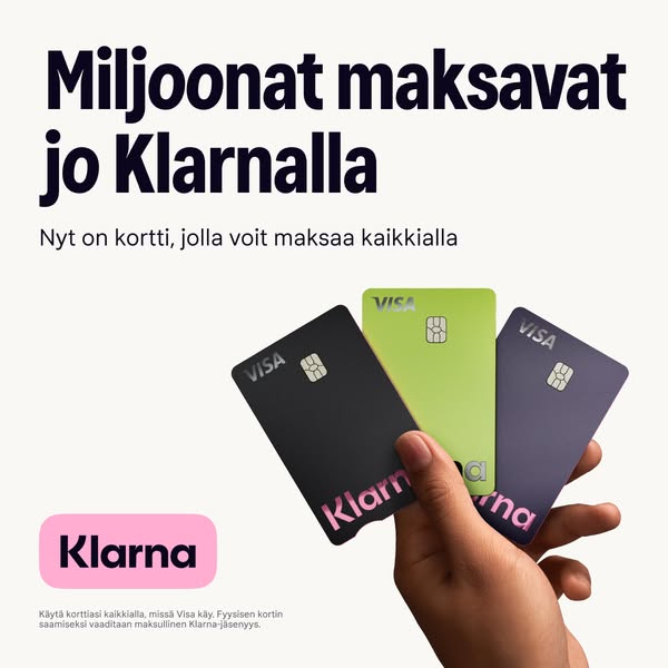 The ad shows a hand holding three Klarna Visa cards of different colors. The text highlights that millions are already p