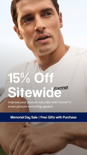 This image ad promotes Forme®'s posture-correcting apparel, offering a 15% sitewide discount along with free gifts f
