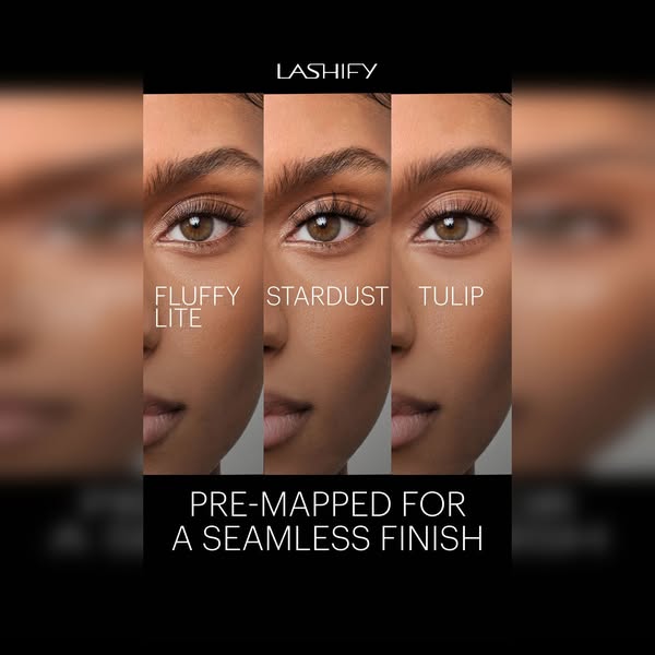 This image ad by Lashify showcases three different styles of lashes, highlighting their pre-mapped design for easy appli