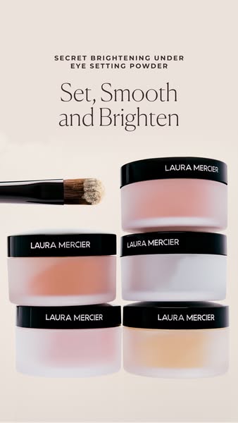 This image ad showcases Laura Mercier's Secret Brightening Under Eye Setting Powder. It highlights the product's