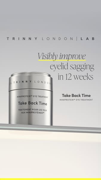 This ad for Trinny London's eye treatment highlights the product's ability to visibly improve eyelid sagging in 
