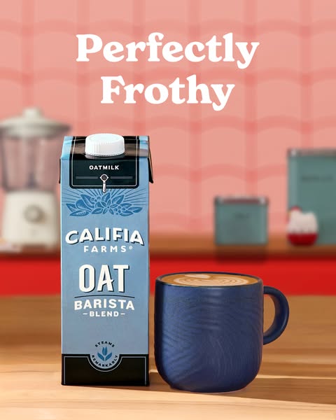 This ad for Califia Farms Oat Barista Blend highlights the product's frothing capabilities, suggesting it's idea