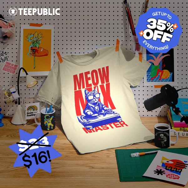 An image ad for TeePublic featuring a t-shirt with a cat DJ design, discounted from $23 to $16, plus an offer of up to 3
