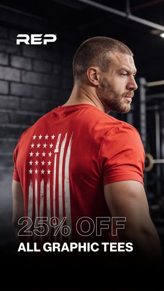 This ad features an image of a muscular man wearing a red t-shirt with an American flag design, promoting a 25% off sale