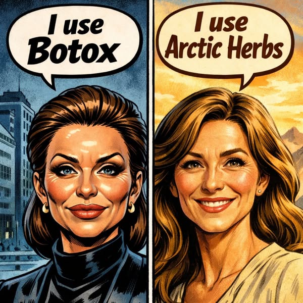 The ad is presented as a comic-book-like split-screen comparison between using Botox and using Arctic Herbs. On the left