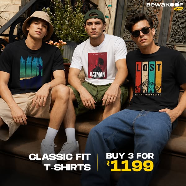 Image ad featuring three men sitting on steps wearing Bewakoof brand graphic t-shirts. The ad promotes a 'buy 3 for&