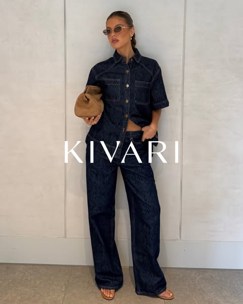 This image ad features a model wearing a matching denim outfit from the brand Kivari. The ad showcases the brand and its