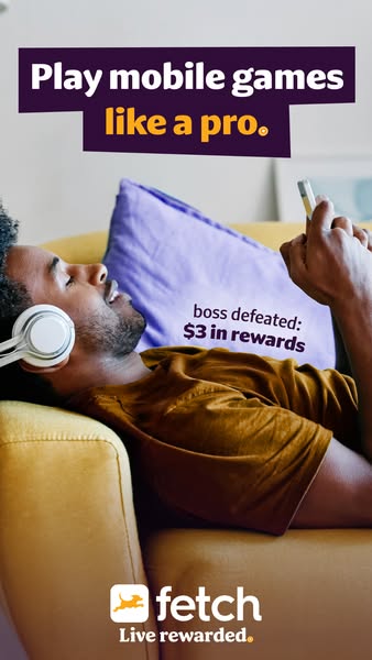 This ad promotes Fetch, a rewards app, by showing a man relaxing and playing mobile games while earning rewards.