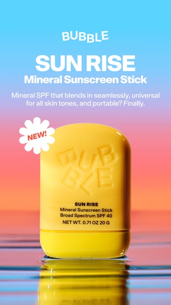 This ad promotes Bubble's Sun Rise Mineral Sunscreen Stick. It highlights the product's mineral SPF formula, its
