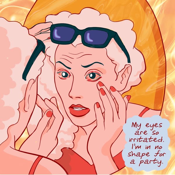 The ad features an animated illustration of a woman with irritated red eyes, framed in a mirror. The text expresses her 
