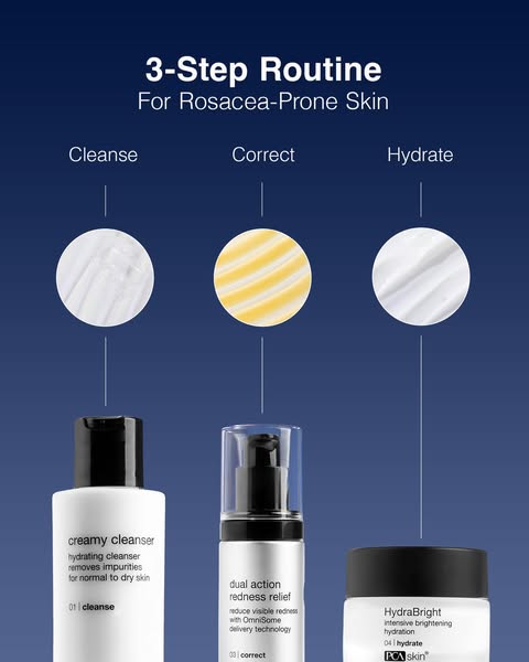 This image ad features three PCA Skin products that are part of a skincare routine to help those with rosacea-prone skin