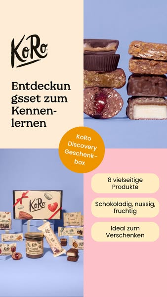 An advertisement for the KoRo Discovery Geschenk-box. The image features stacked product samples from the box on the top