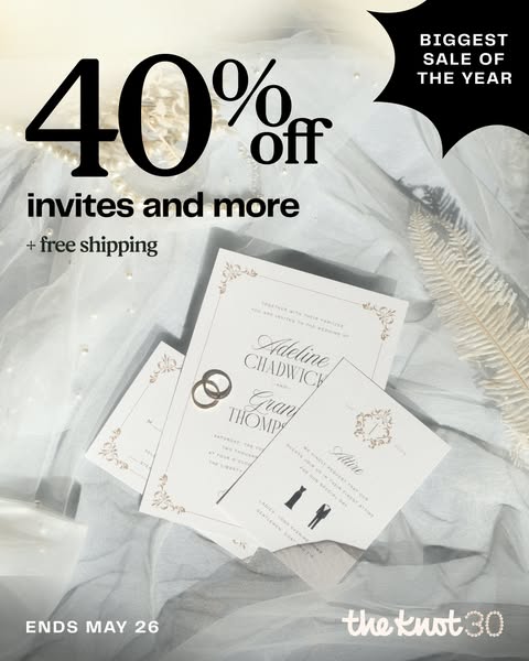 The ad showcases wedding invitations from The Knot, offering a 40% discount and free shipping. It targets individuals pl